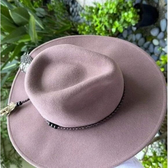 NWOT Brooklyn Hat Co.Deep Dusty Rose Felt Boho Fedora Feathers Leather Sz M 1622 - Picture 3 of 11